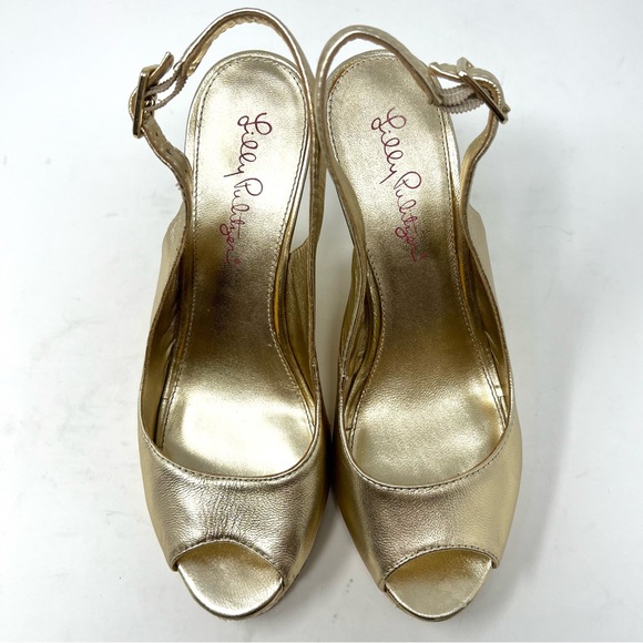 Lilly Pulitzer Kristin Gold Leather Peep Toe Slingback Wedge Heel Sandals Sz 6.5 - Picture 2 of 10